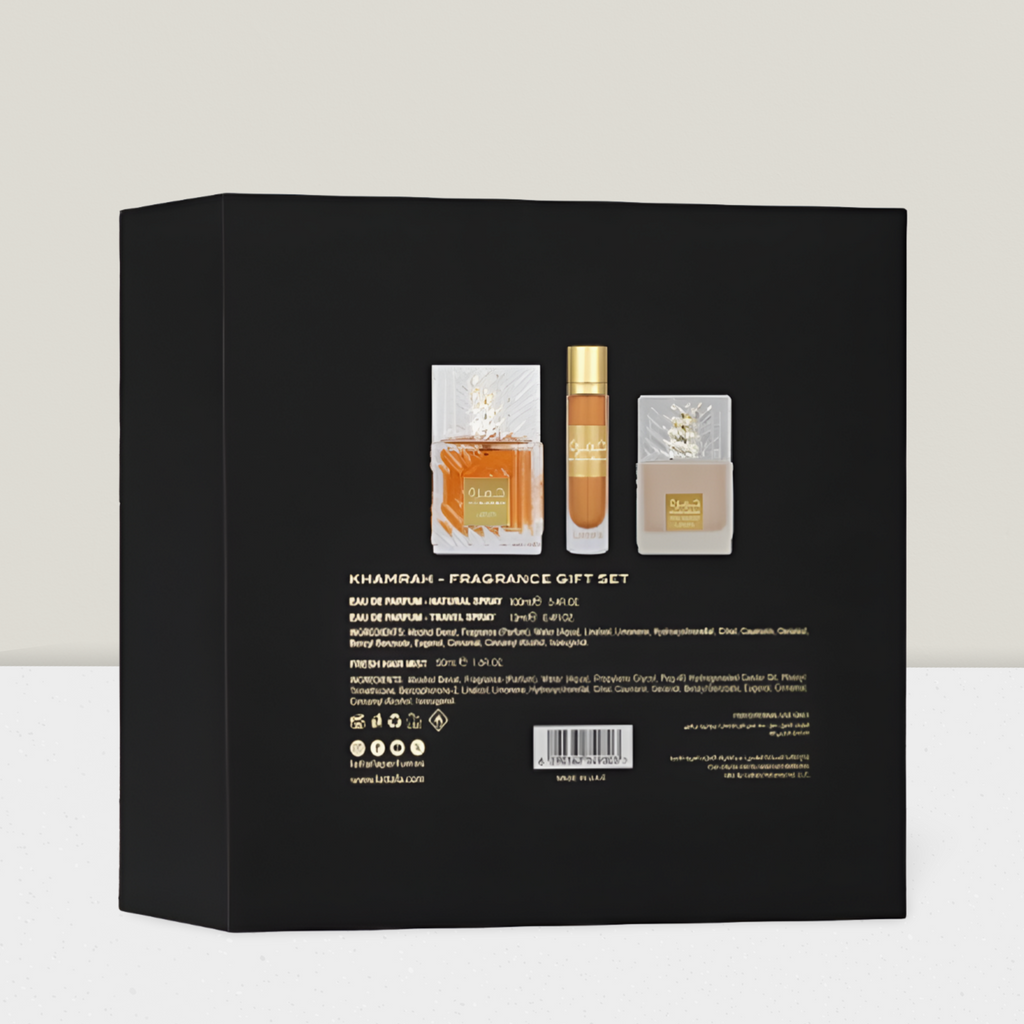 Lattafa - Khamrah 100ml EDP + Haarspray 50ml + 12ml Reisespray Geschenkeset Gift Set Bundle